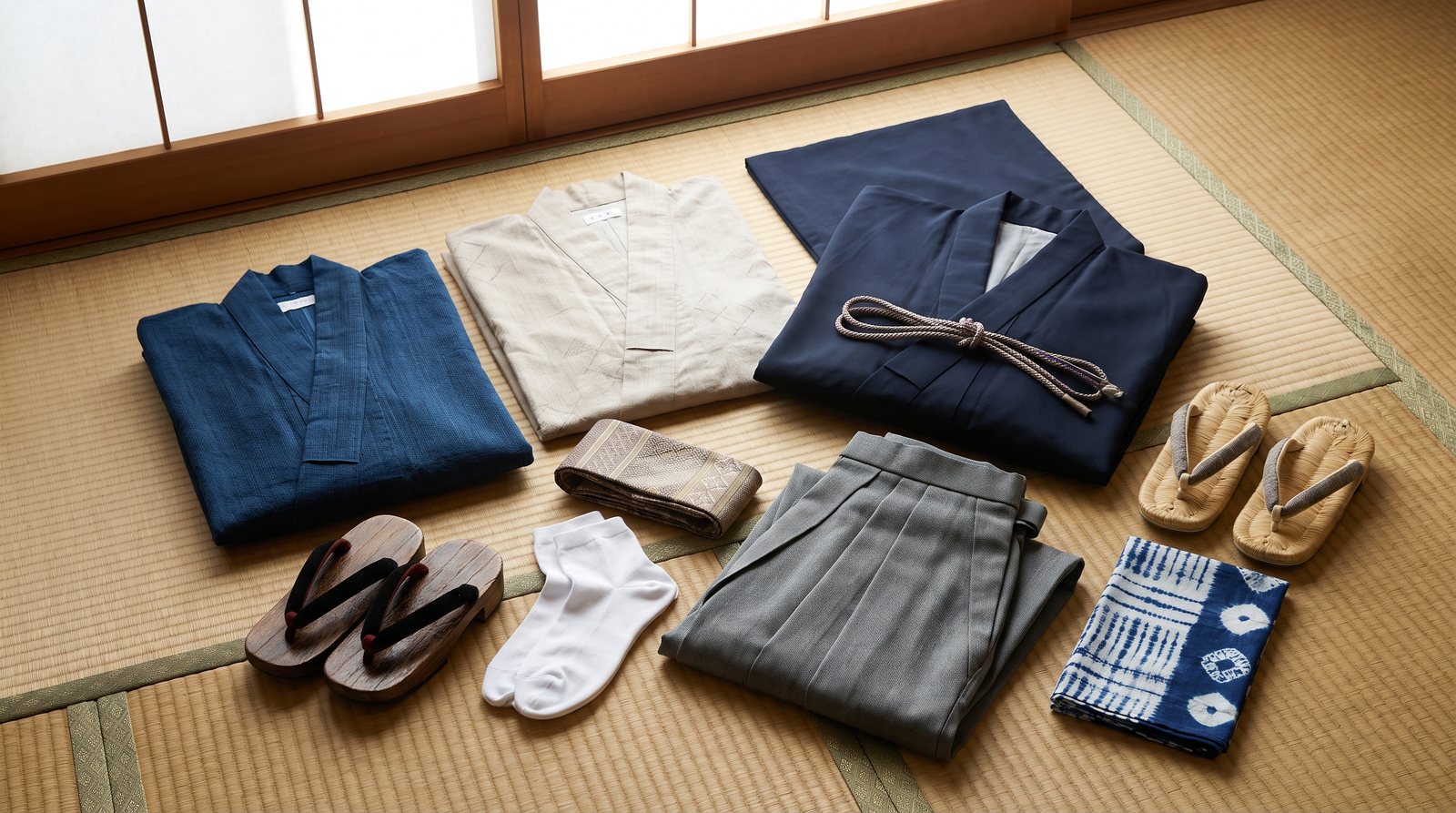 Traditionelle japanische Kleidung auf einer Tatami-Matte: Kimono, Yukata, Haori, Hakama, Obi, Tabi, Geta und Zōri
