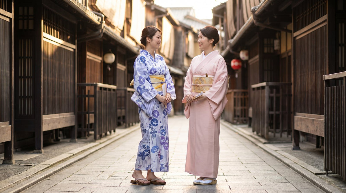 Was ist ein Yukata: Frau im Yukata und Frau im Seidenkimono nebeneinander in einer japanischen Altstadtgasse