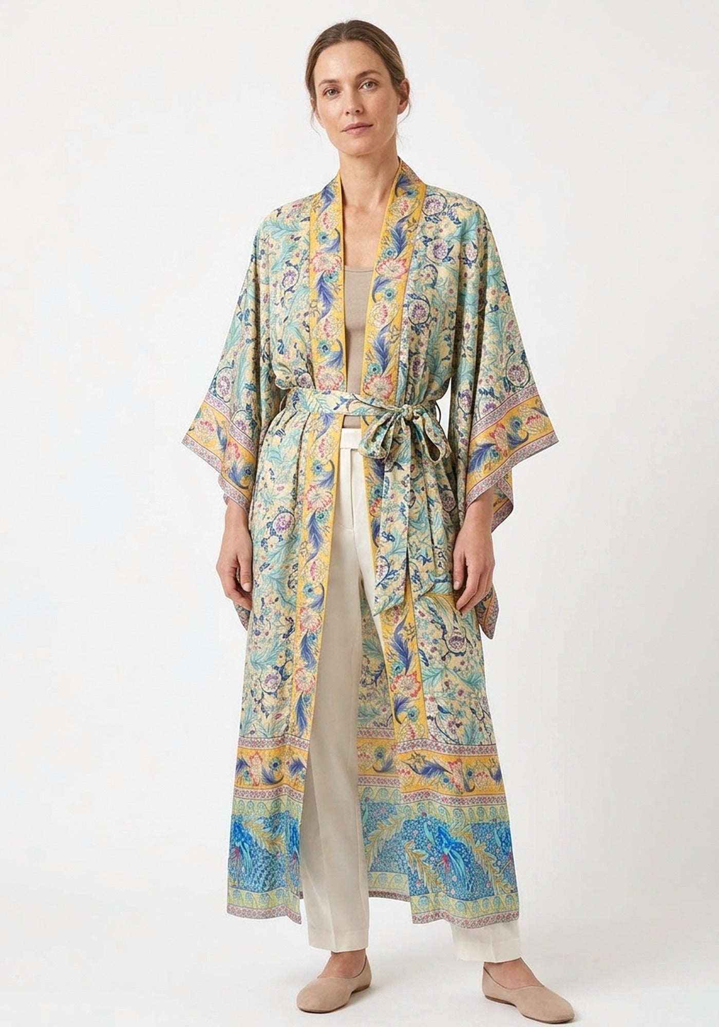 Langer Boho-Kimono Gelb-Türkis mit Blumenmuster
