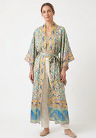 Langer Boho-Kimono Gelb-Türkis mit Blumenmuster