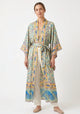 Langer Boho-Kimono Gelb-Türkis mit Blumenmuster