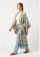 Langer Boho-Kimono Gelb-Türkis mit Blumenmuster
