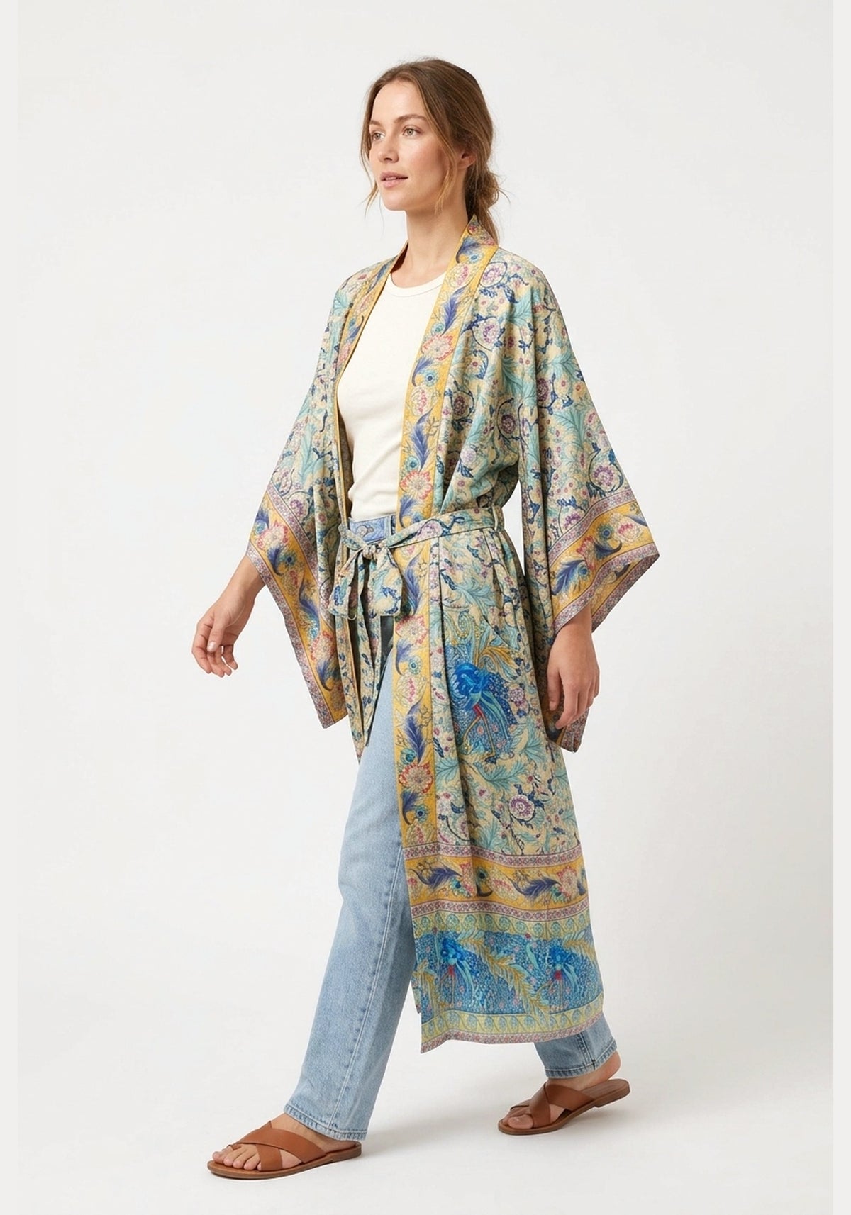 Langer Boho-Kimono Gelb-Türkis mit Blumenmuster