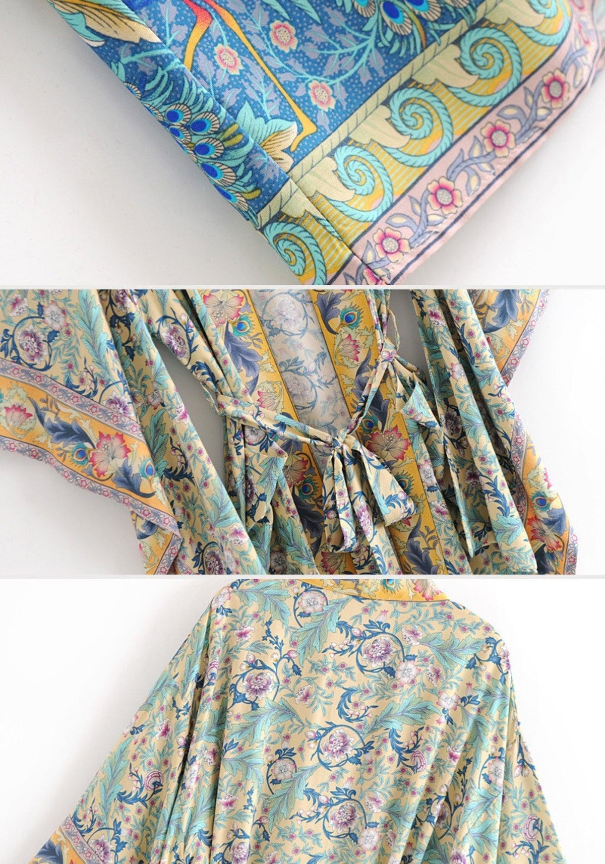 Langer Boho-Kimono Gelb-Türkis mit Blumenmuster
