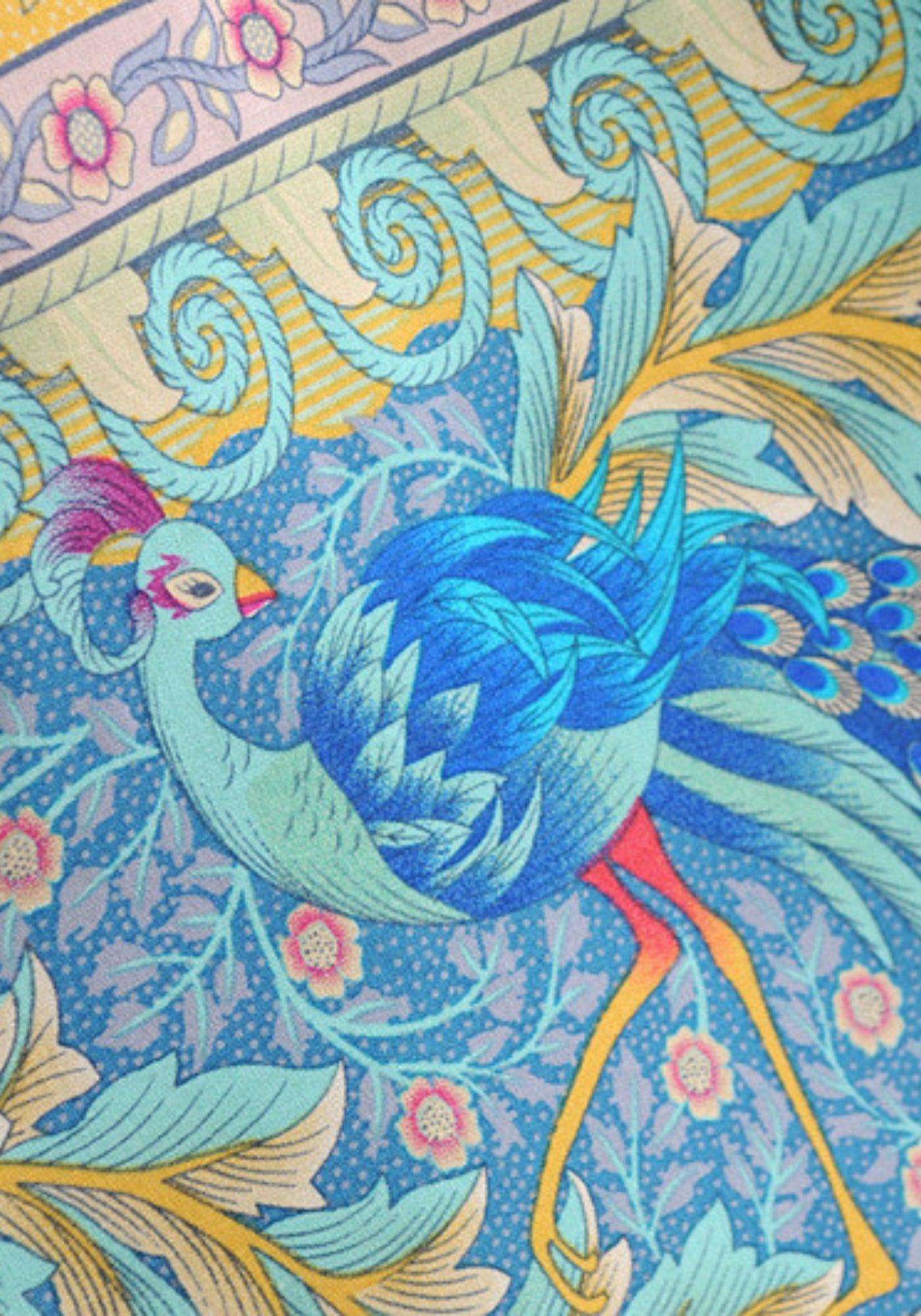 Langer Boho-Kimono Gelb-Türkis mit Blumenmuster