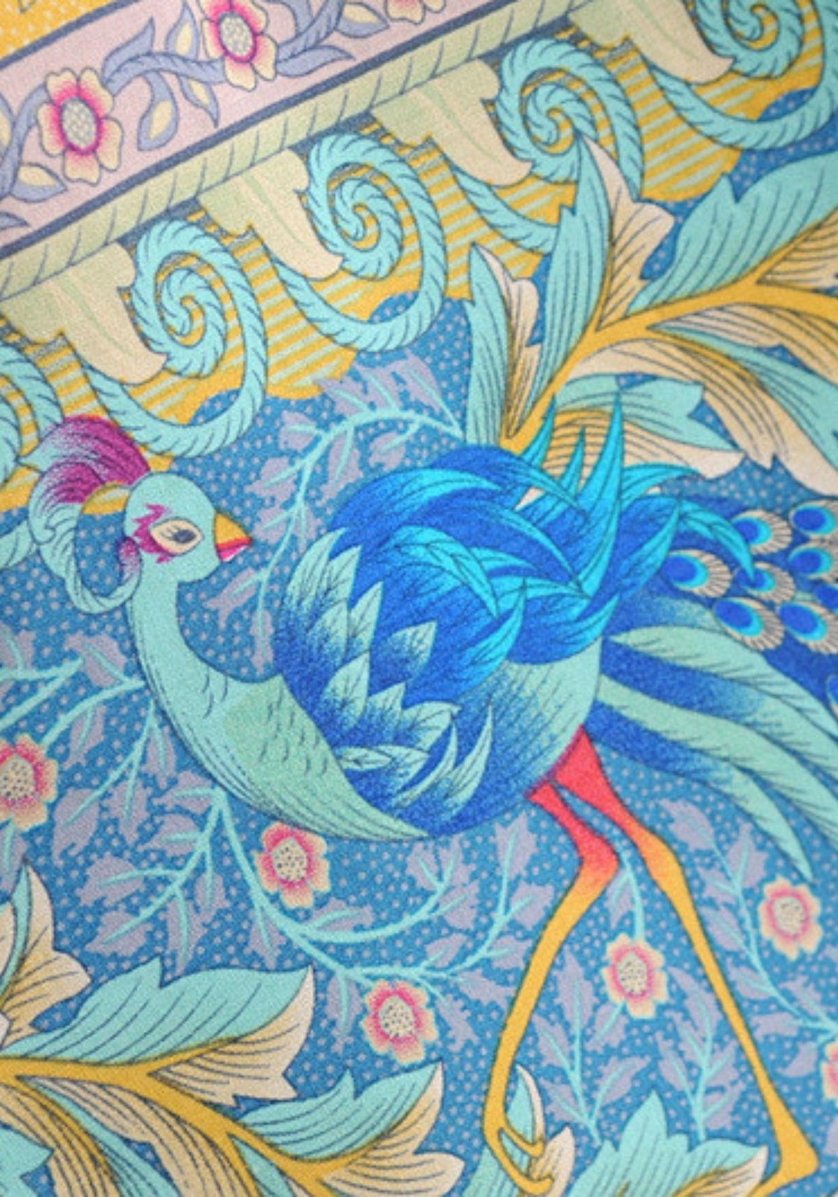 Langer Boho-Kimono Gelb-Türkis mit Blumenmuster