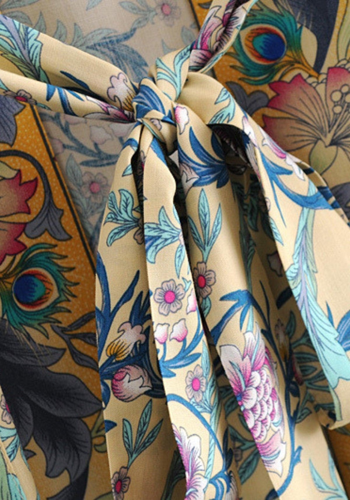 Langer Boho-Kimono Gelb-Türkis mit Blumenmuster