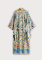 Langer Boho-Kimono Gelb-Türkis mit Blumenmuster