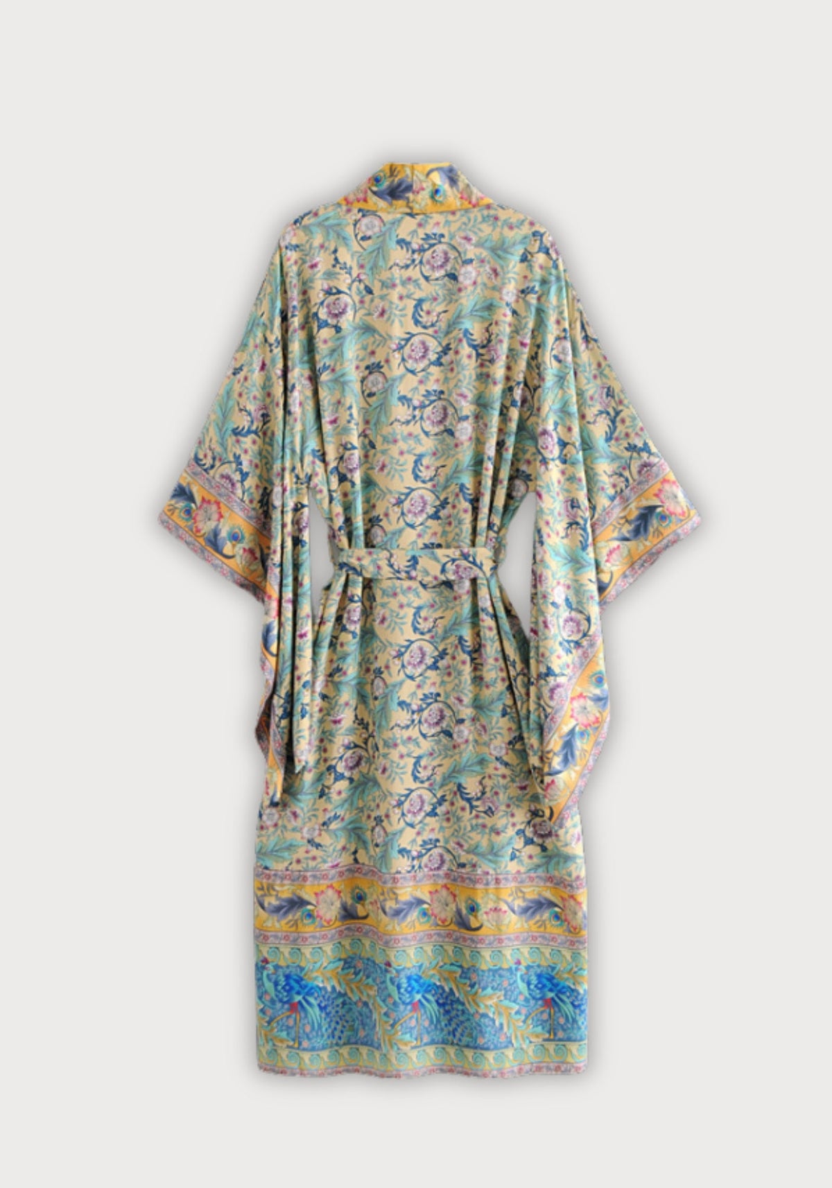 Langer Boho-Kimono Gelb-Türkis mit Blumenmuster