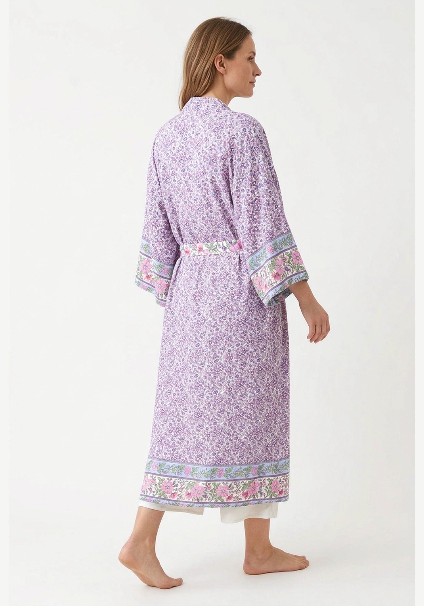 Langer Boho-Kimono Lila mit Streublumen | Sumihana