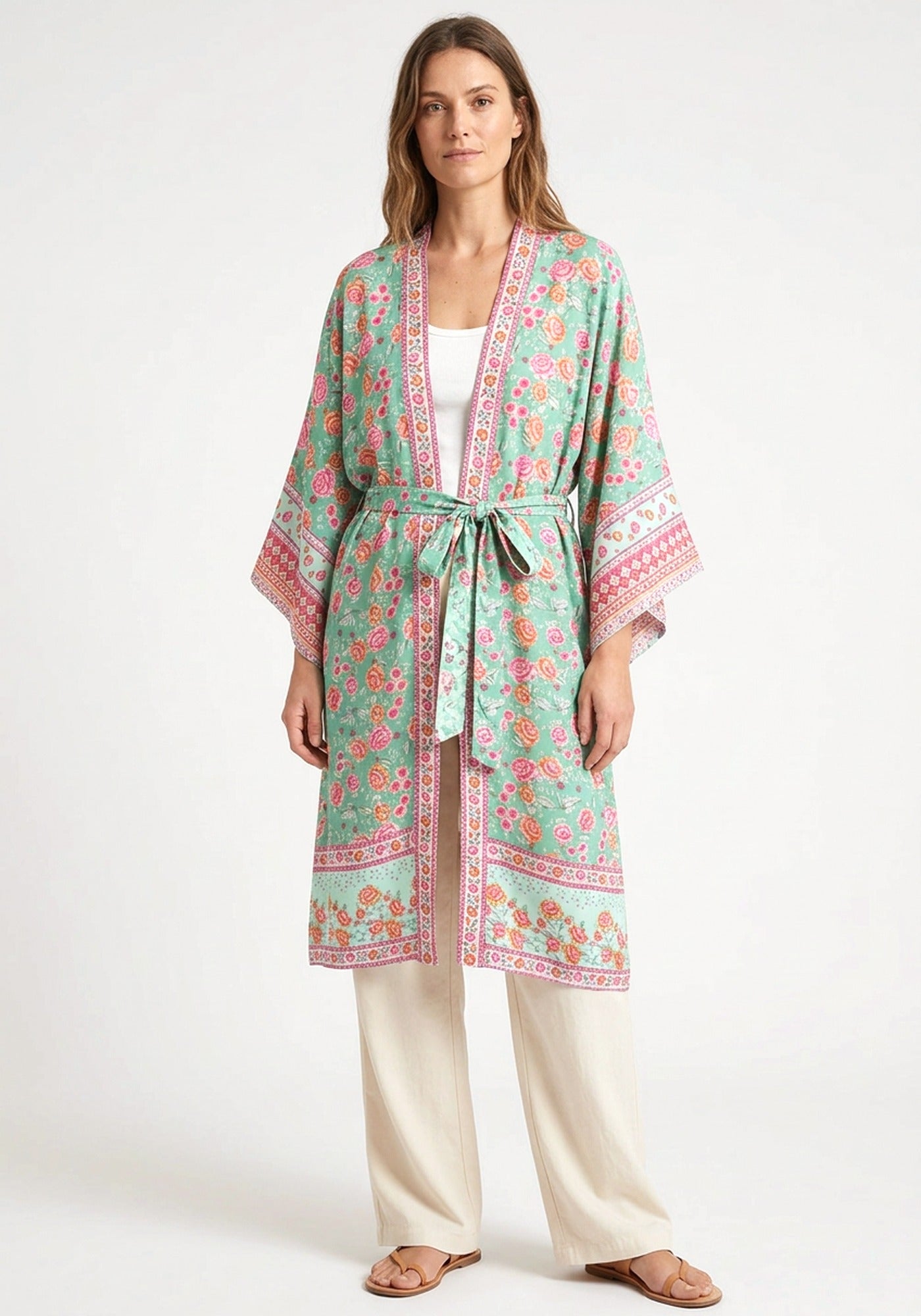 Langer Boho-Kimono Mintgrün mit Rosenmuster