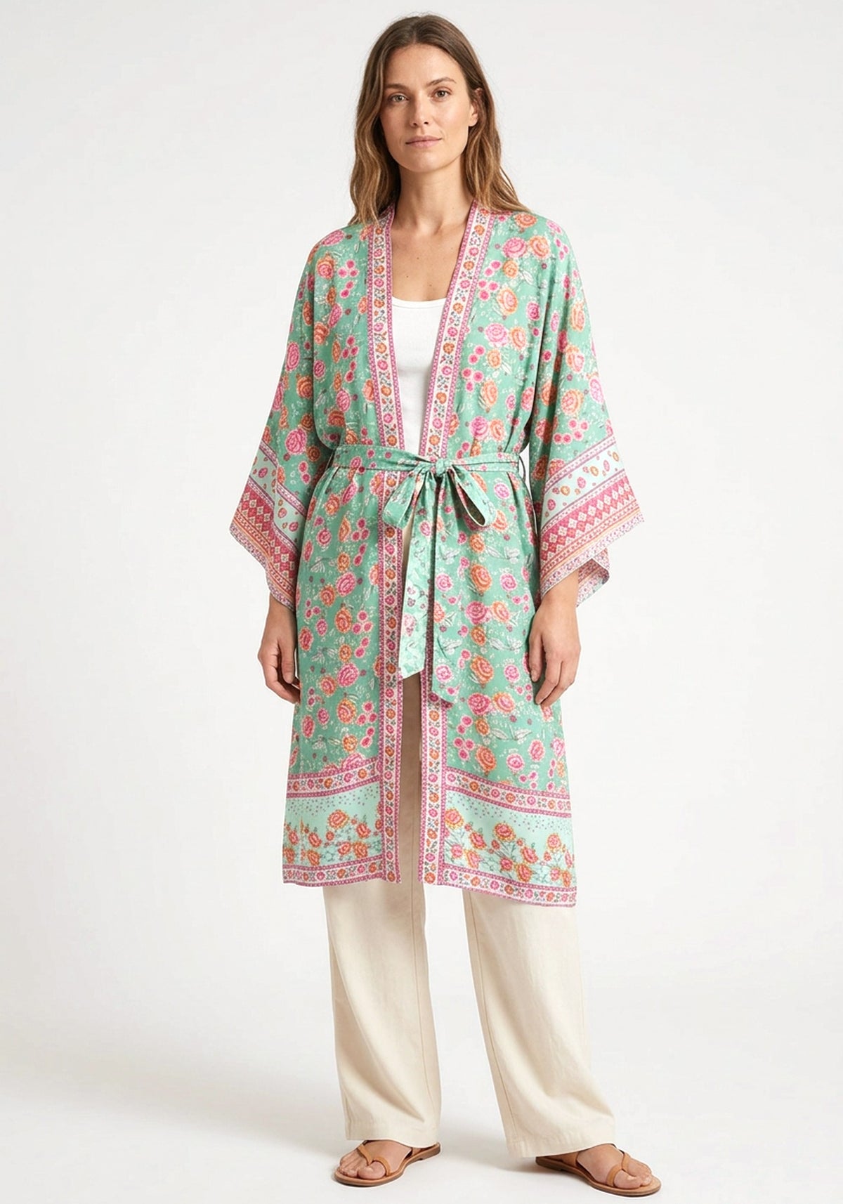 Langer Boho-Kimono Mintgrün mit Rosenmuster