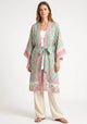 Langer Boho-Kimono Mintgrün mit Rosenmuster