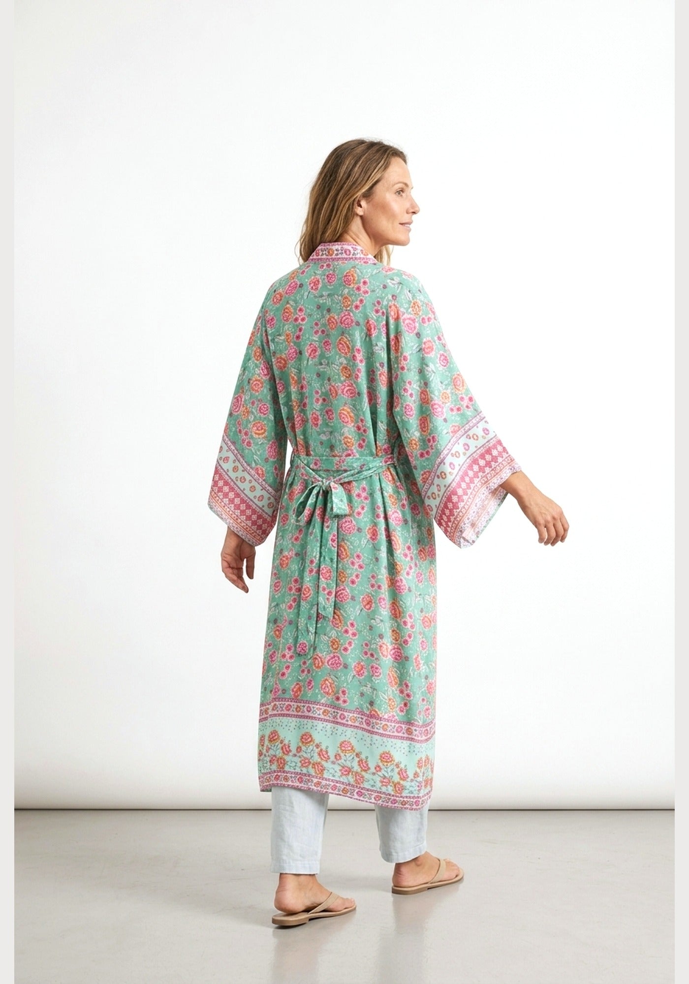 Langer Boho-Kimono Mintgrün mit Rosenmuster