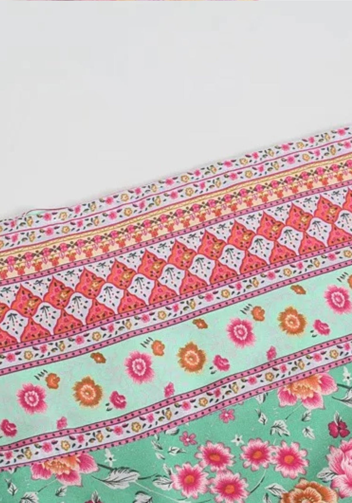 Langer Boho-Kimono Mintgrün mit Rosenmuster