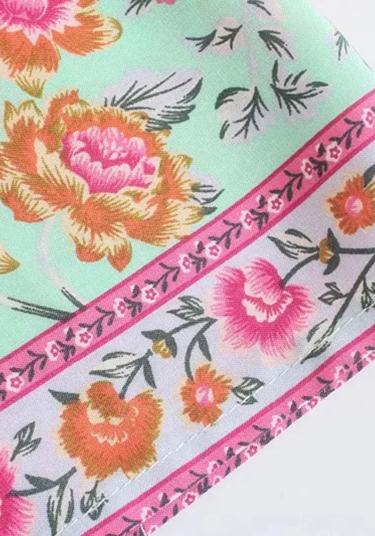Langer Boho-Kimono Mintgrün mit Rosenmuster