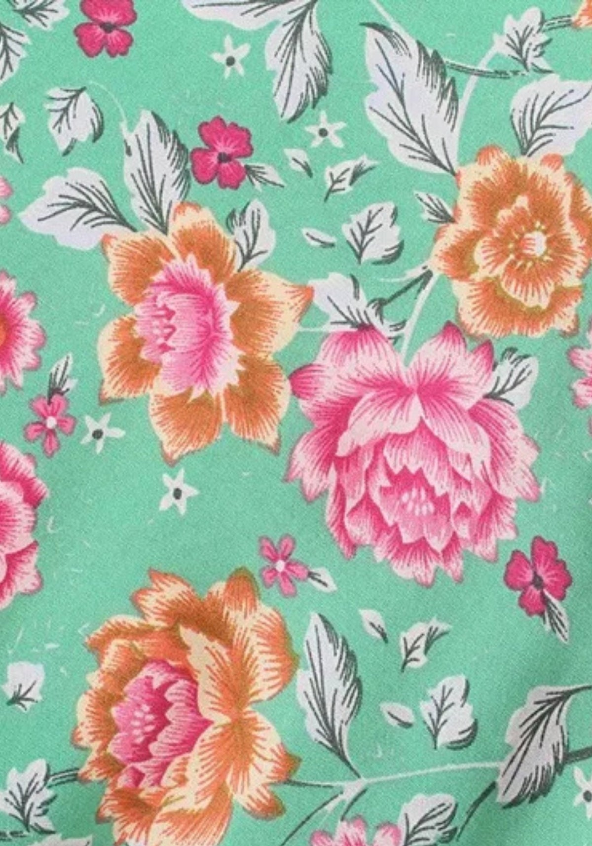 Langer Boho-Kimono Mintgrün mit Rosenmuster