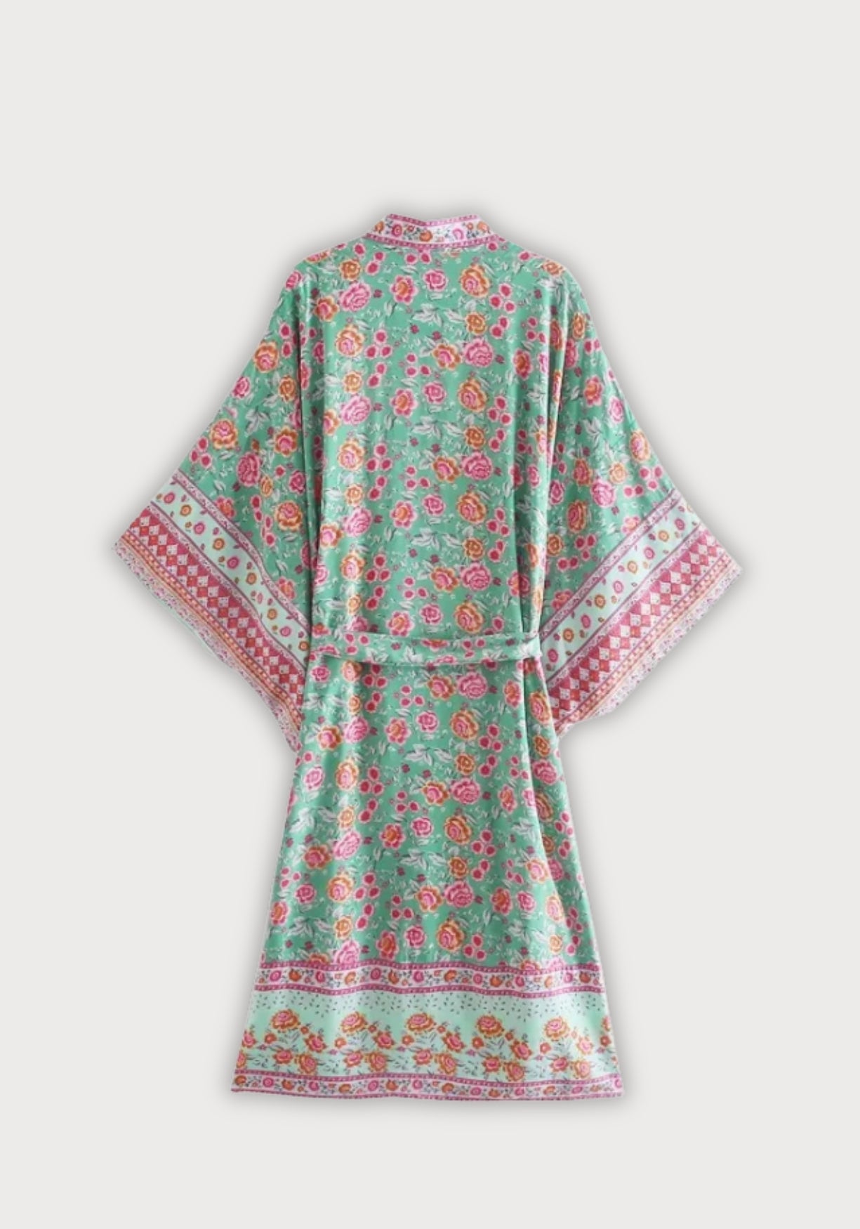 Langer Boho-Kimono Mintgrün mit Rosenmuster