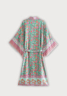 Langer Boho-Kimono Mintgrün mit Rosenmuster