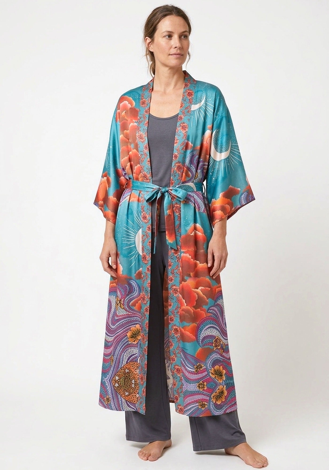 Langer Boho-Kimono Türkis mit Mond und Wolken | Solaria