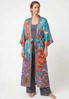 Langer Boho-Kimono Türkis mit Mond und Wolken | Solaria