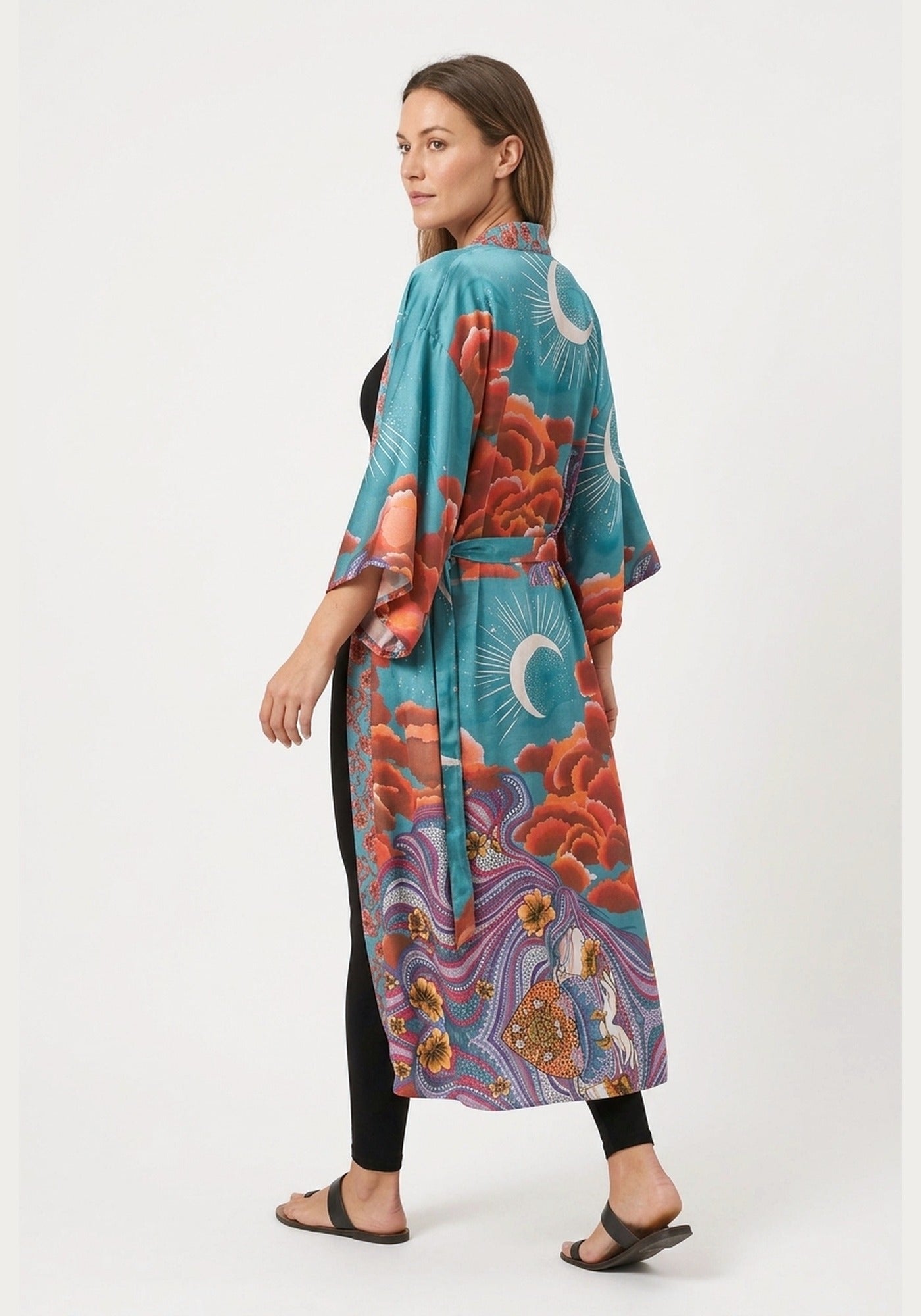 Langer Boho-Kimono Türkis mit Mond und Wolken | Solaria