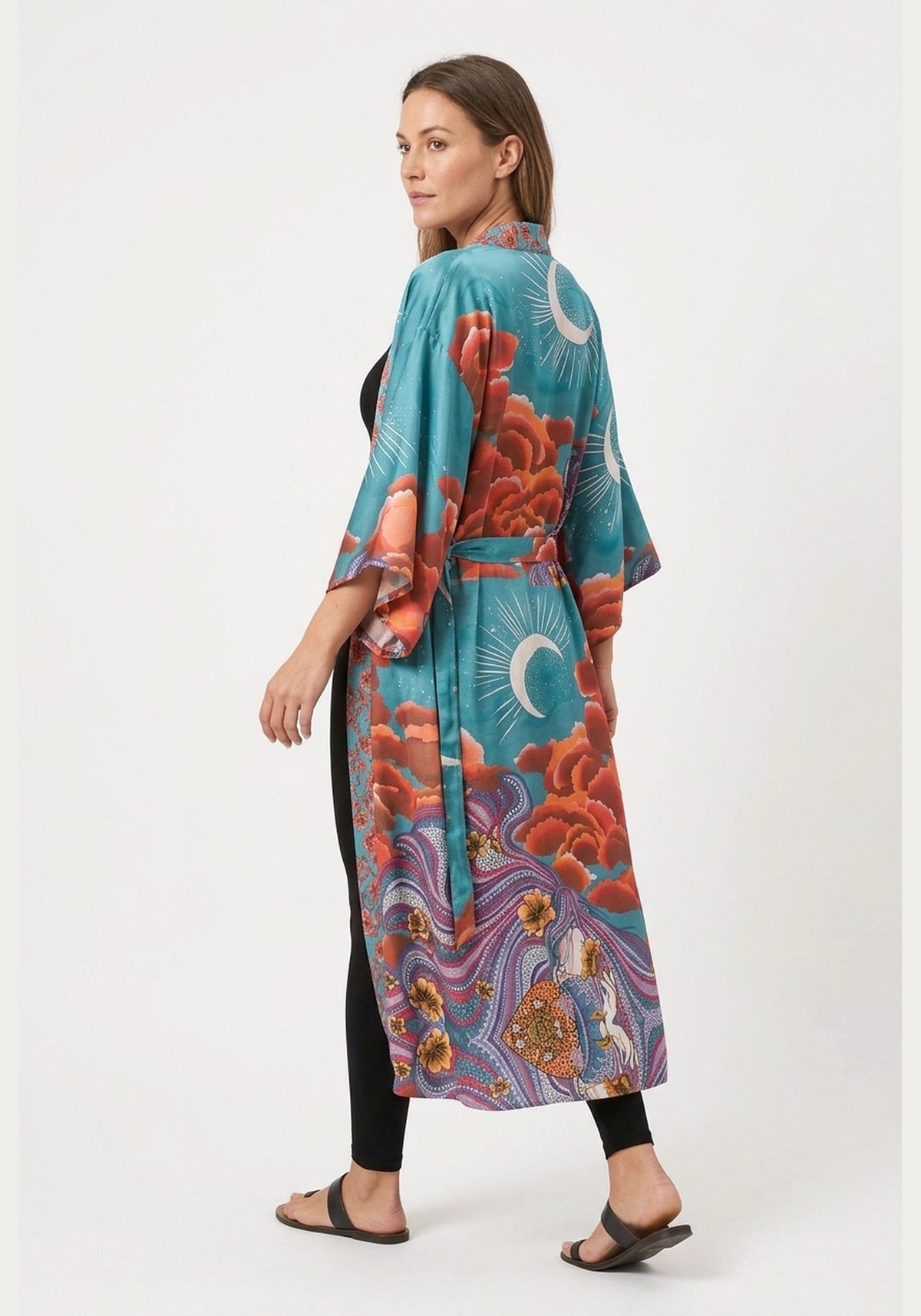 Langer Boho-Kimono Türkis mit Mond und Wolken | Solaria