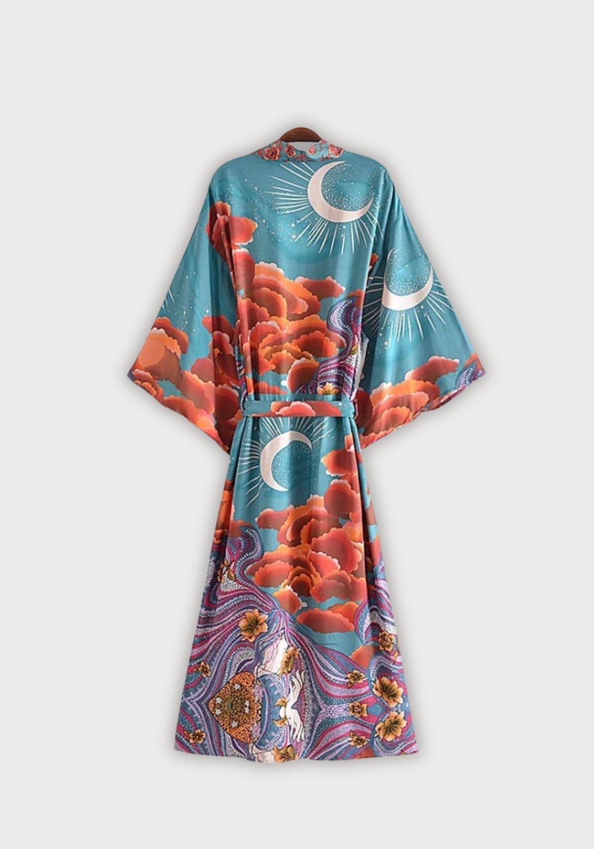 Langer Boho-Kimono Türkis mit Mond und Wolken | Solaria