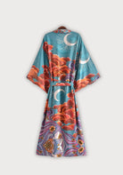 Langer Boho-Kimono Türkis mit Mond und Wolken | Solaria