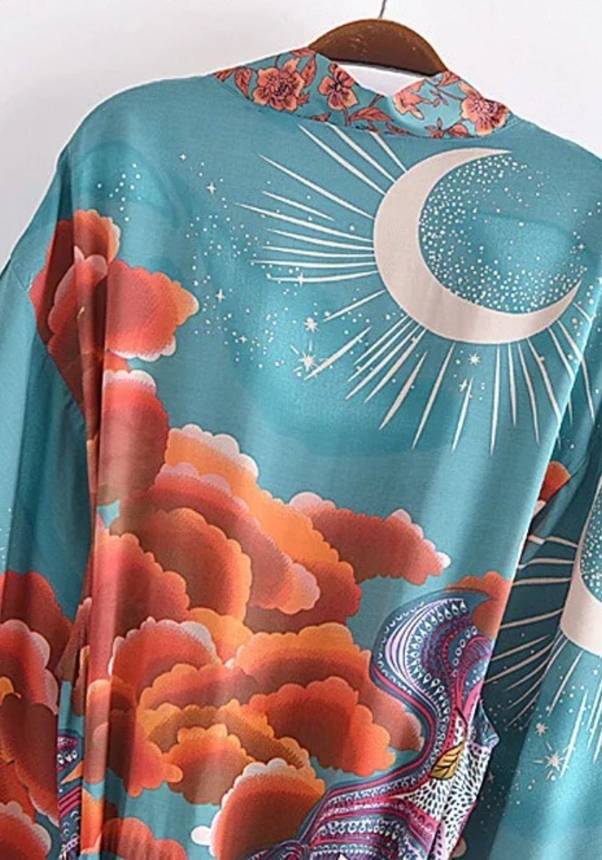 Langer Boho-Kimono Türkis mit Mond und Wolken | Solaria