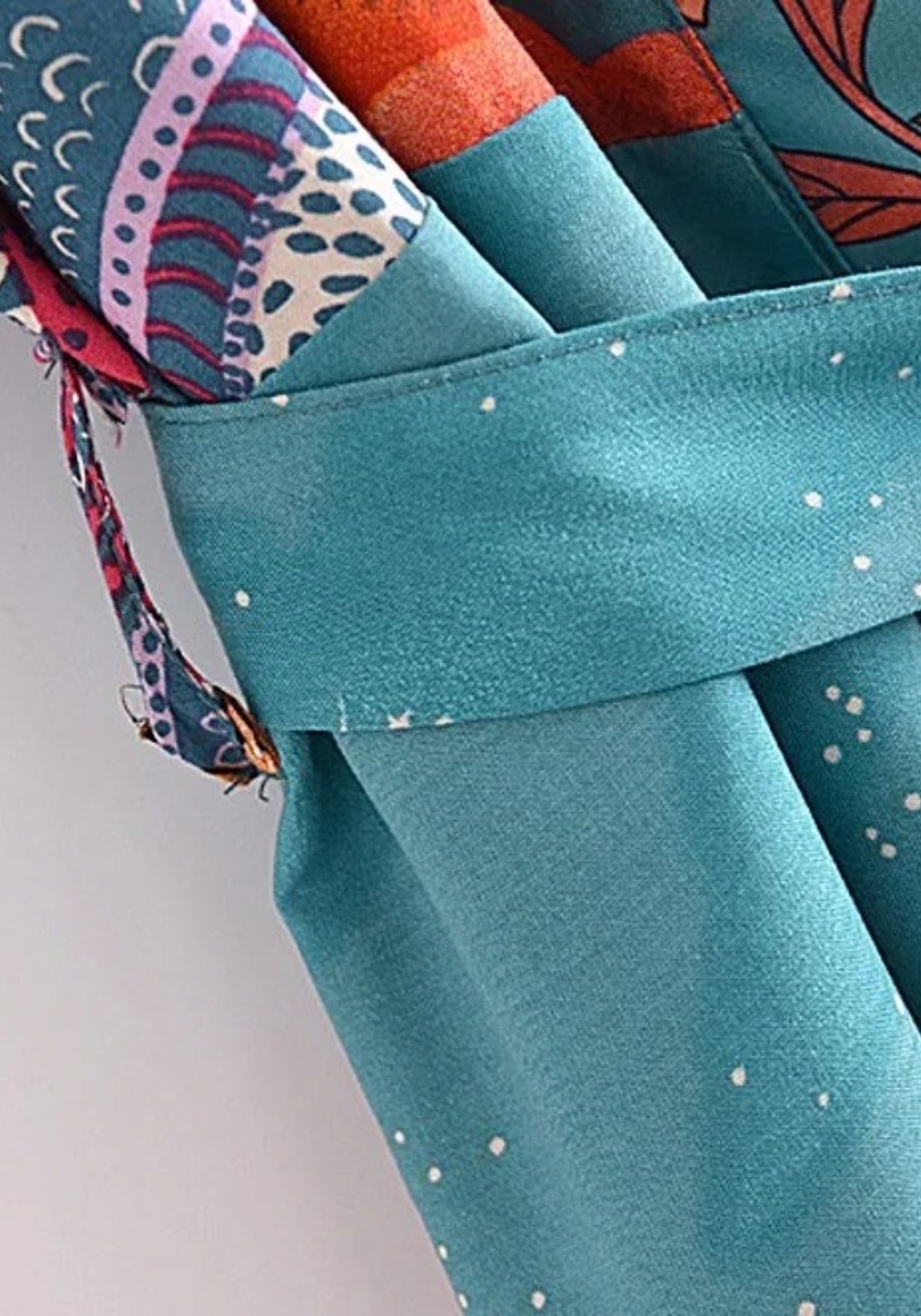Langer Boho-Kimono Türkis mit Mond und Wolken | Solaria