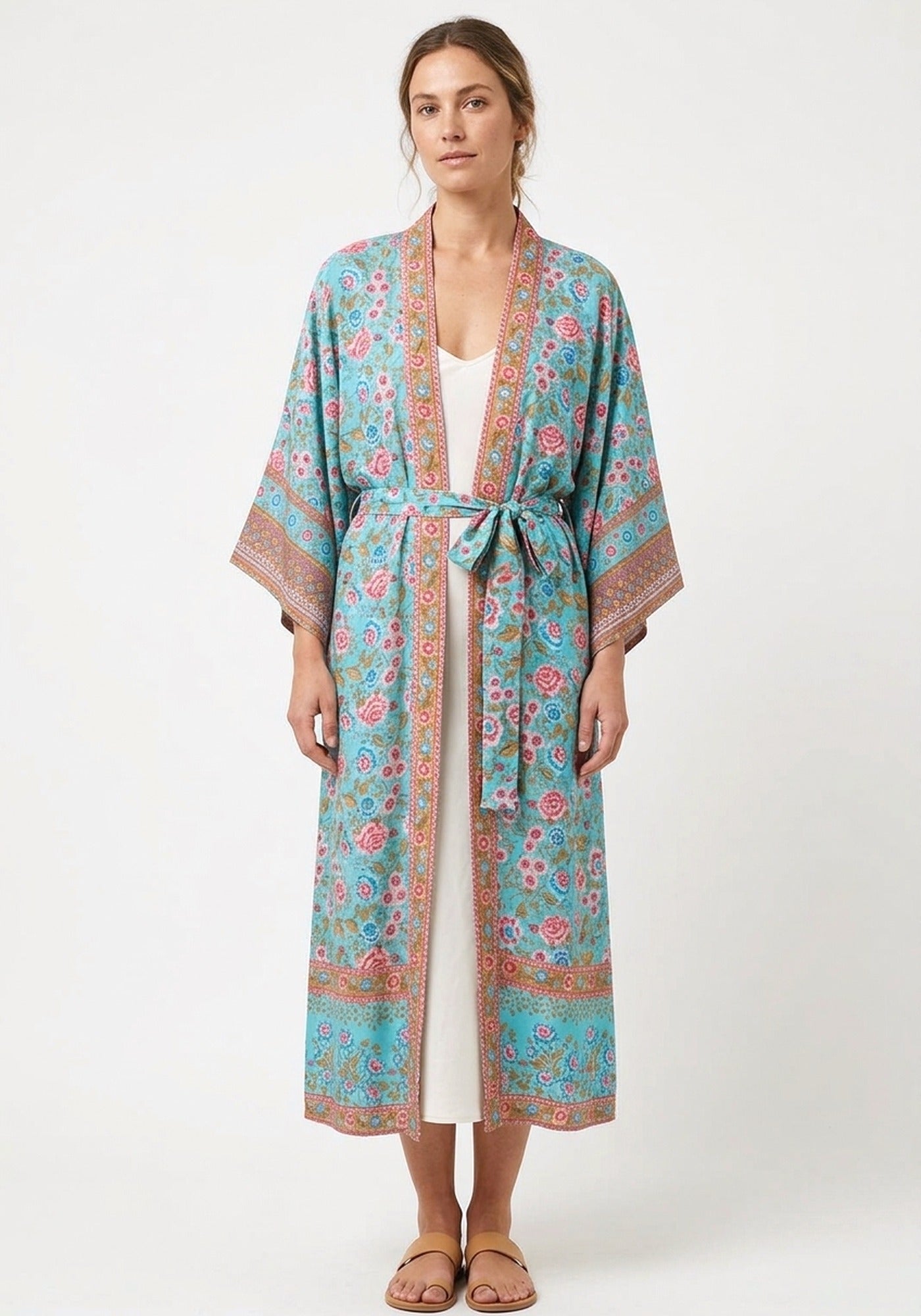 Langer Boho-Kimono Türkis mit Rosenmuster