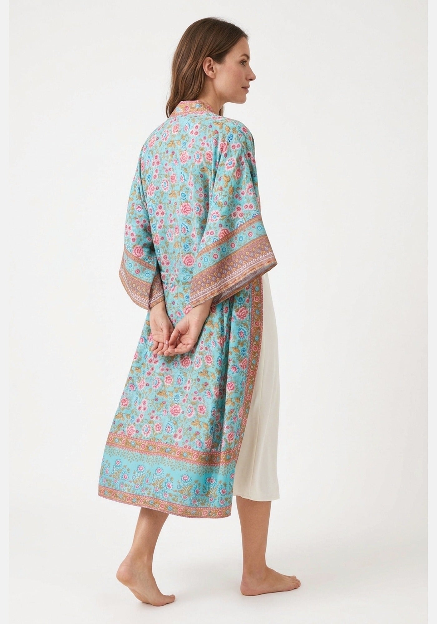 Langer Boho-Kimono Türkis mit Rosenmuster