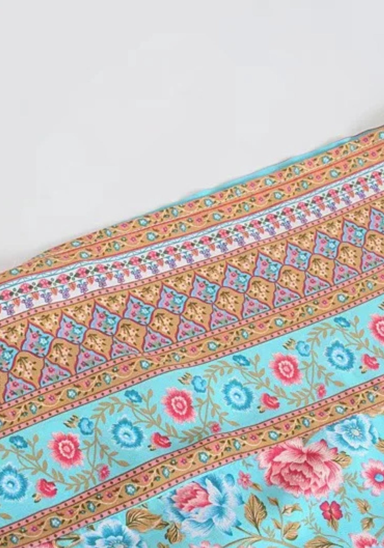 Langer Boho-Kimono Türkis mit Rosenmuster