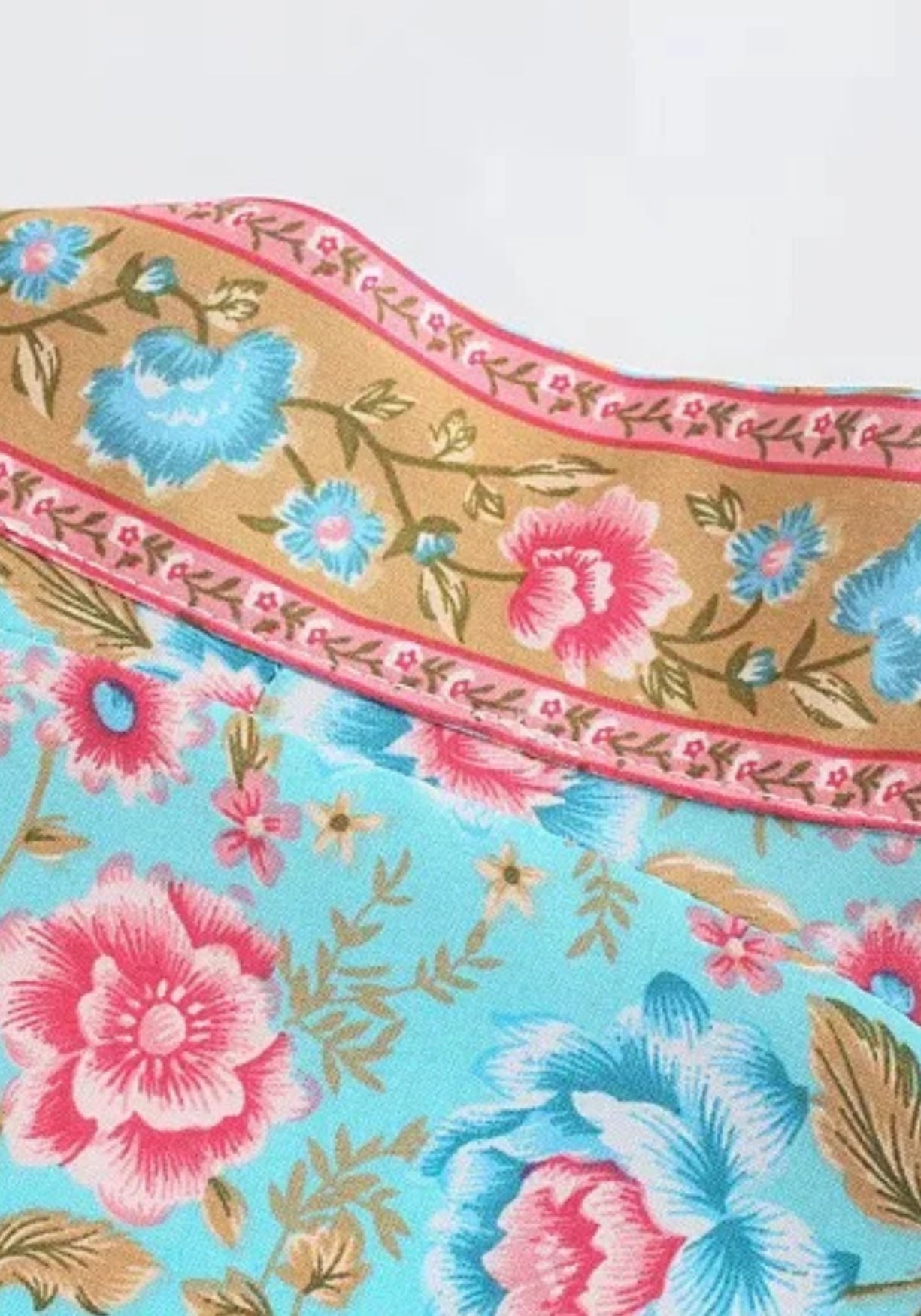 Langer Boho-Kimono Türkis mit Rosenmuster