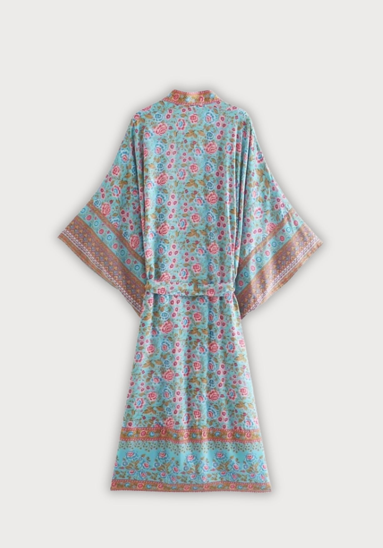 Langer Boho-Kimono Türkis mit Rosenmuster