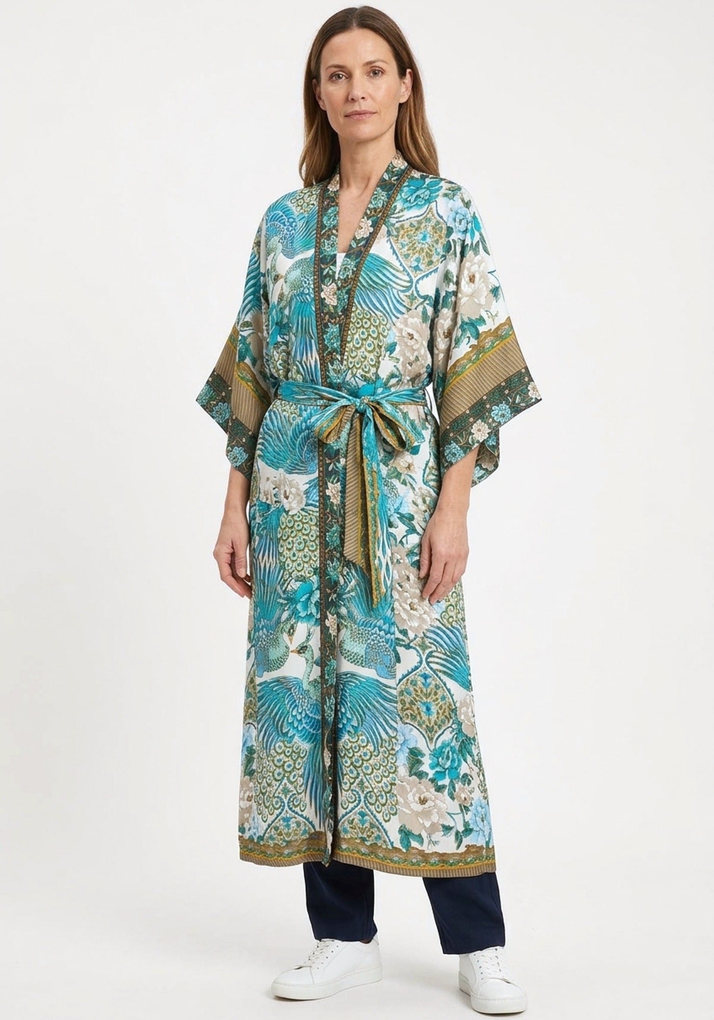 Langer Kimono Türkis mit Pfauenmuster