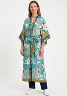 Langer Kimono Türkis mit Pfauenmuster