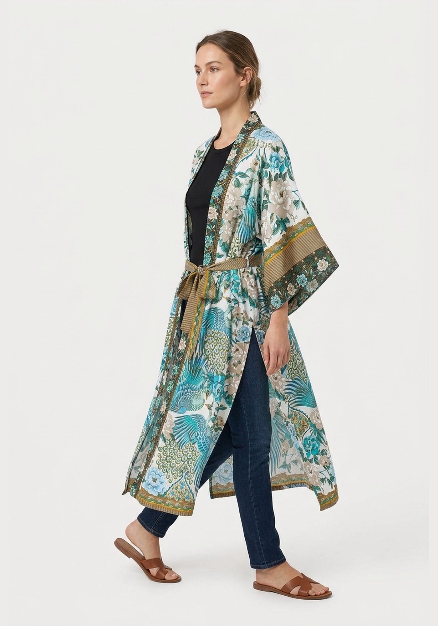 Langer Kimono Türkis mit Pfauenmuster