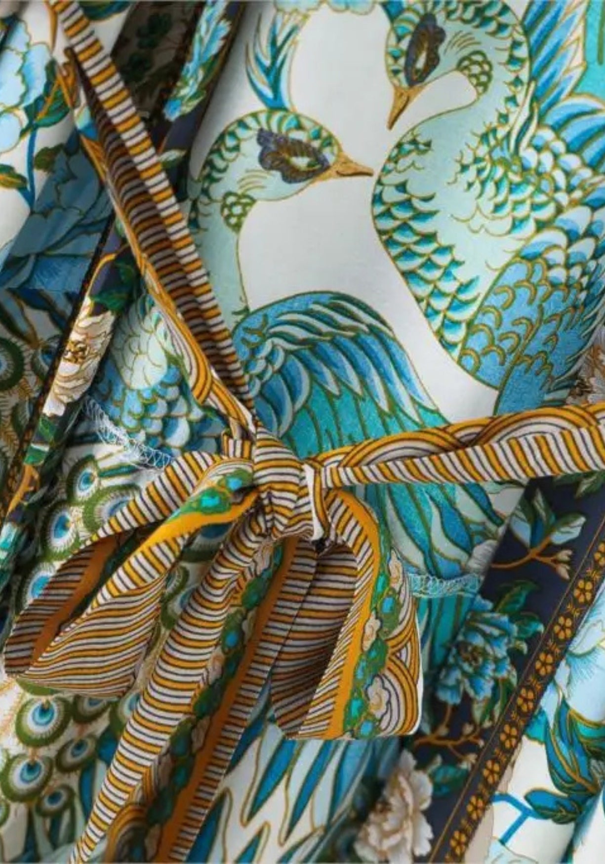Langer Kimono Türkis mit Pfauenmuster