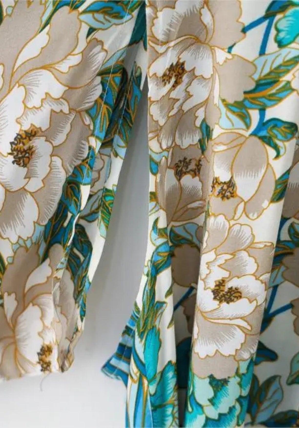 Langer Kimono Türkis mit Pfauenmuster