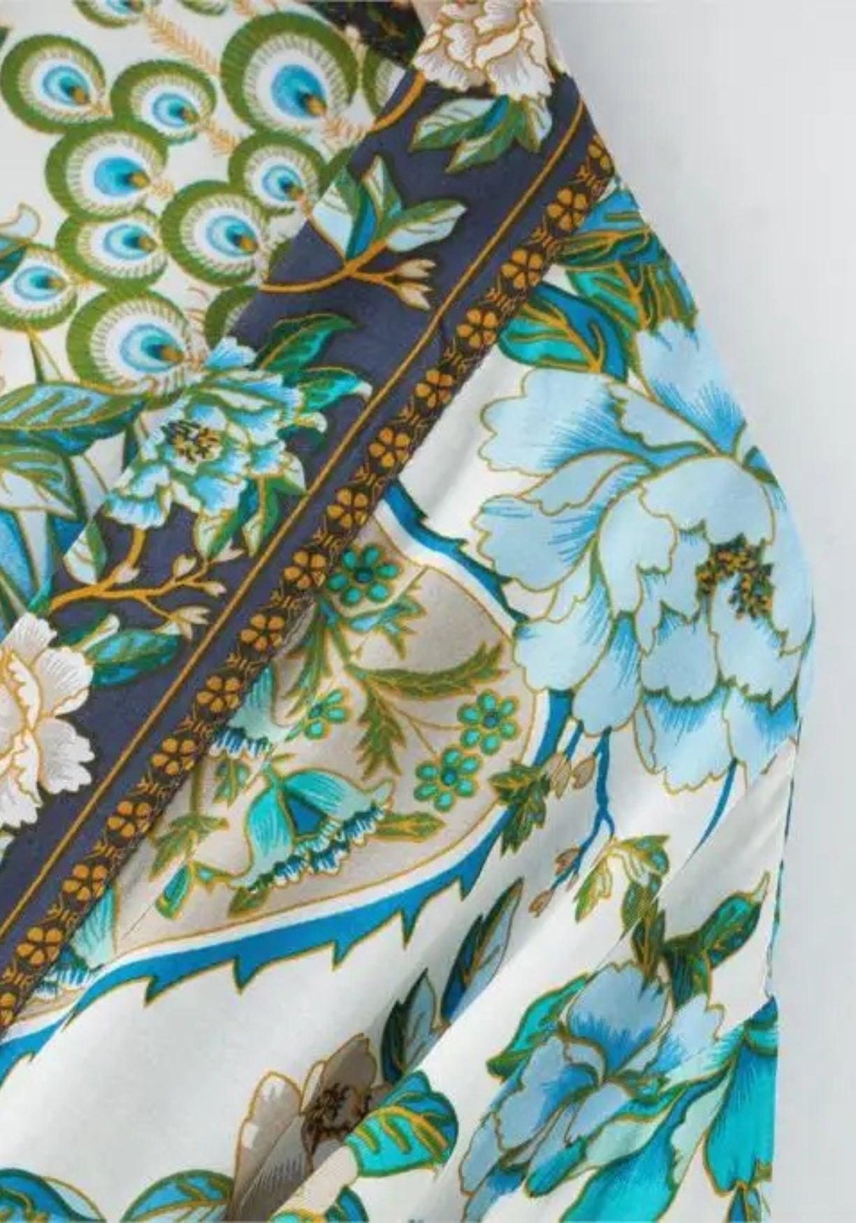 Langer Kimono Türkis mit Pfauenmuster
