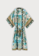 Langer Kimono Türkis mit Pfauenmuster