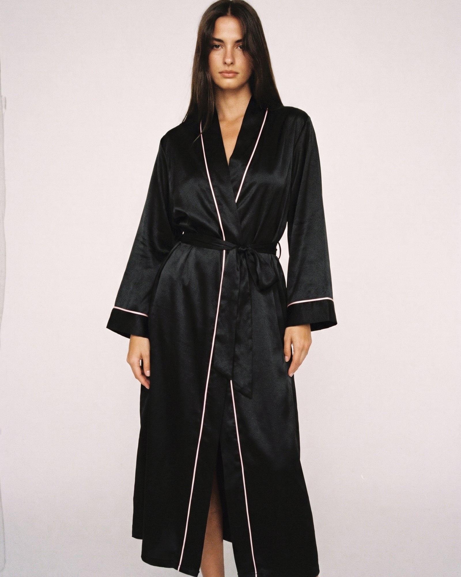 Morgenmantel Damen Satin Schwarz