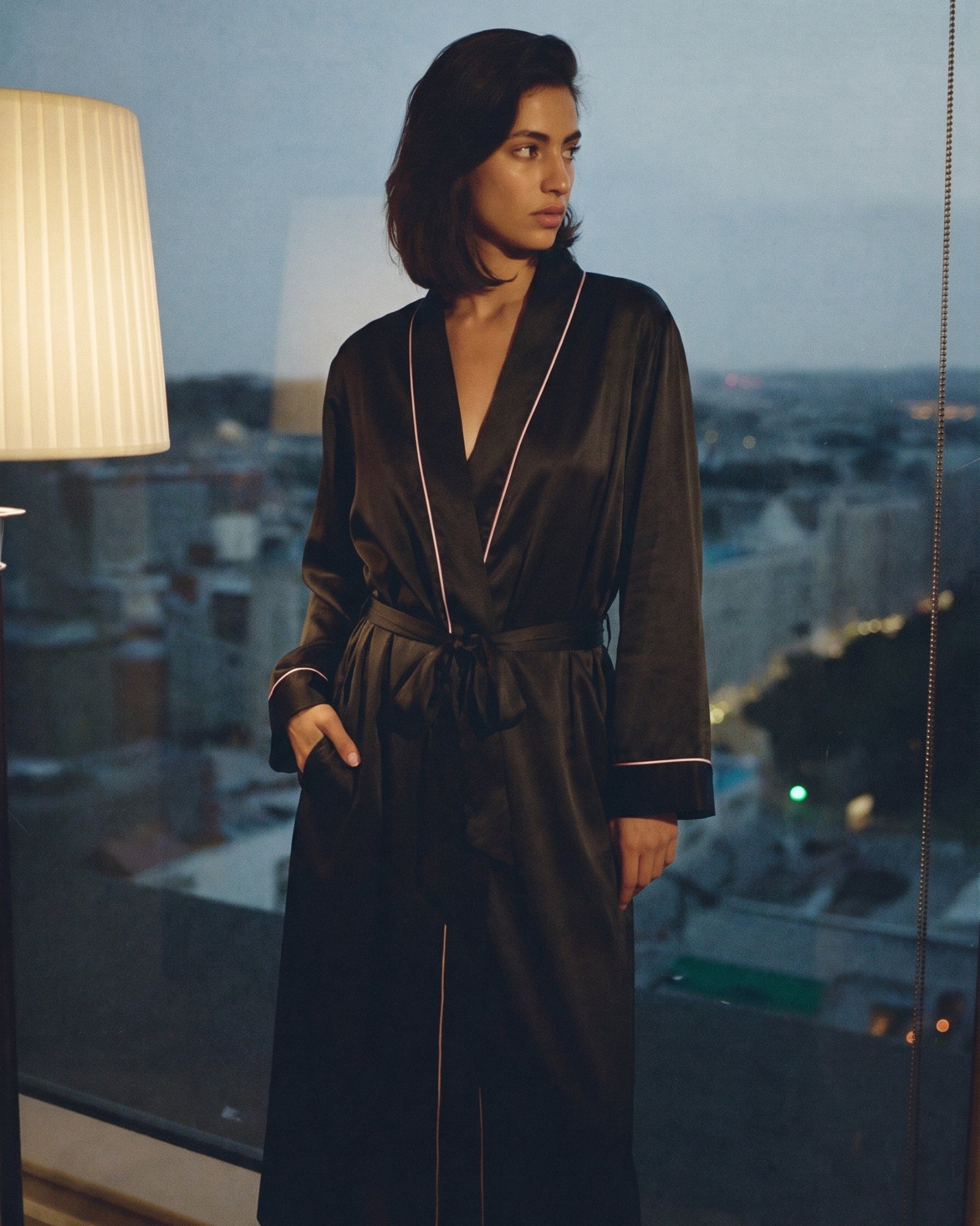 Morgenmantel Damen Satin Schwarz