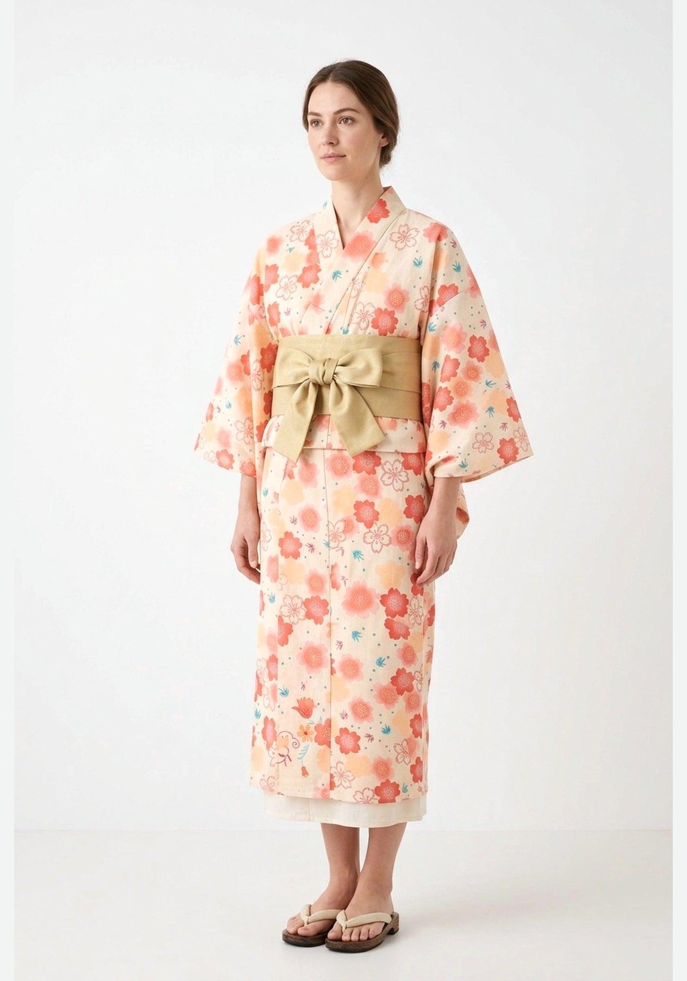 Yukata-Kleid Blumen Beige