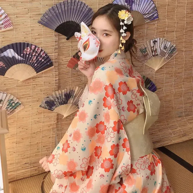 Yukata-Kleid Blumen Beige